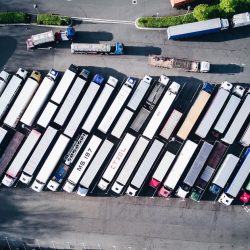 Aerial view of a fleet of trucks